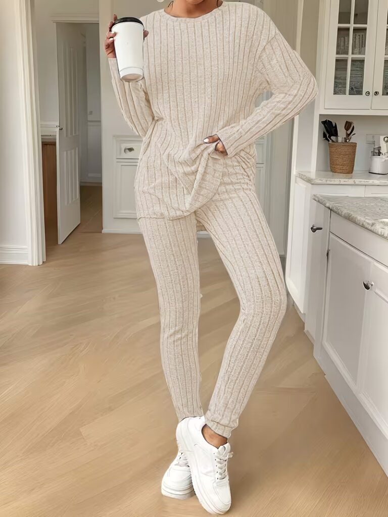 Set casual autunno/inverno donna beige a costine