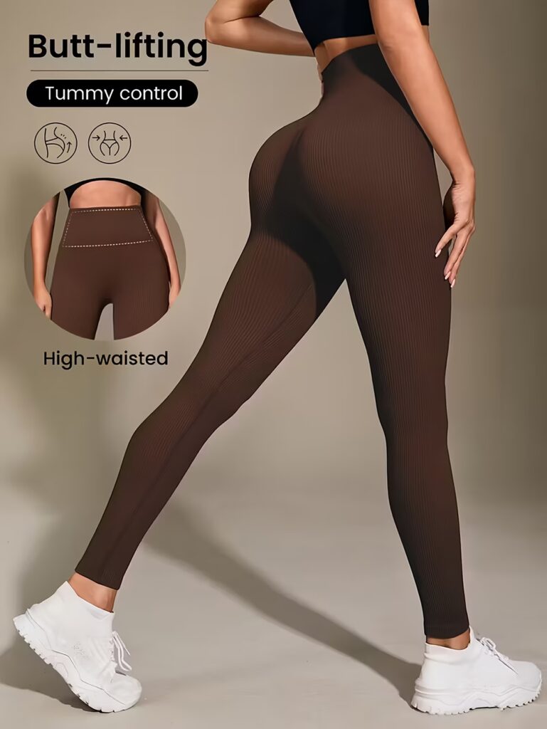Leggings donna vita alta a costine - Caffè